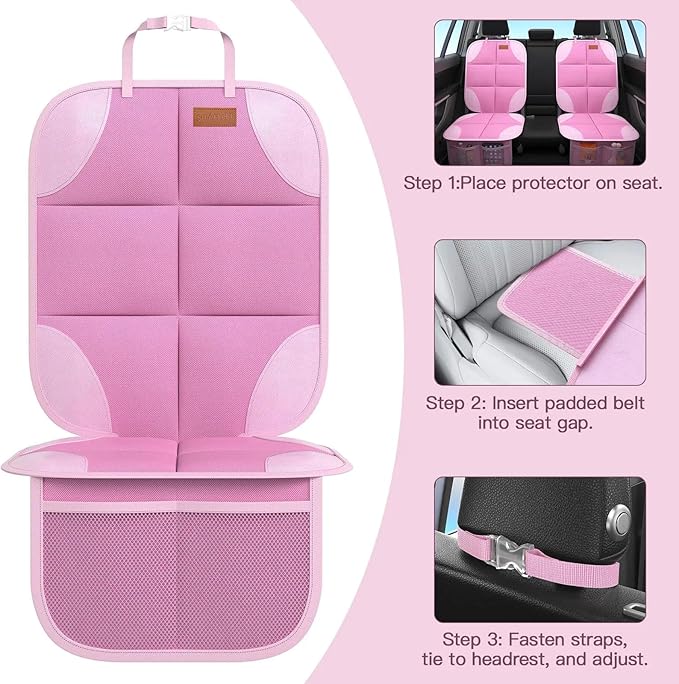 SMART ELF Car Seat Protector, 2 Pack Car Seat Cover, Seat Protector Under Baby Car Seat, Seat Covers with Non-Slip Bottom and 2 Mesh Pockets Suitable for Baby and Pet (Pink)