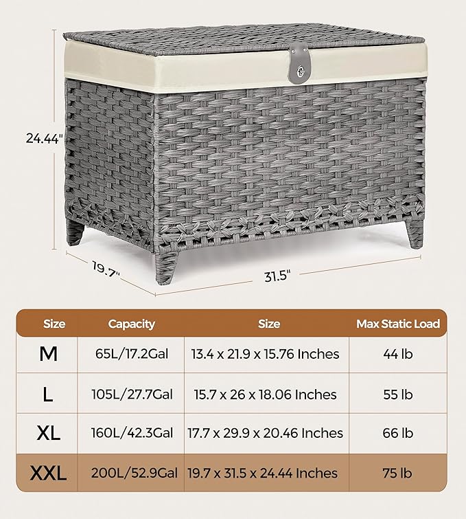 Honjourai Wicker Storage Basket with Lid,Rattan Shelf Basket with Removable Liner Bag,200L Storage Bin,Storage Trunk with Heightened Feet,Storage Container for Wardrobe,Home Organizer