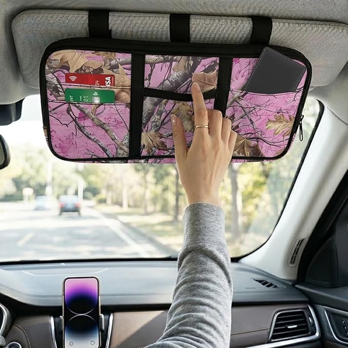 Camo Hunting Pink Car Sun Visor Organizer Personalized Car Visor Organizer with Big Zipper Pocket Card Holder Suitable for Cars SUV Keep Tidy