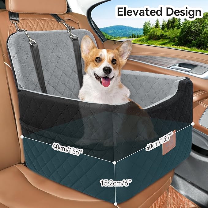 GL GLENSLAVE Dog Car Seat for Small/Medium Dogs Under 35lbs,Memory Foam Dog Booster Seats,Detachable and Washable Traval Pet Car Seat, Dogs Bed with 2 Safety Belts(Balck/Grey)