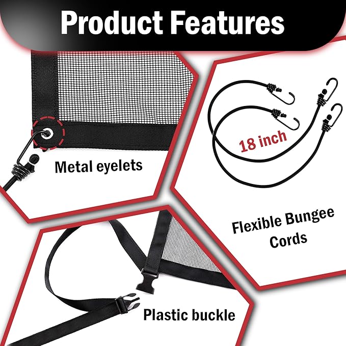 Universal Dog Car Net Barrier – Sturdy Mesh, Easy Install, Breathable Design, Easy to Clean, Flexible Bungee Cords for Adjustable Fit 23"×23" (Black)