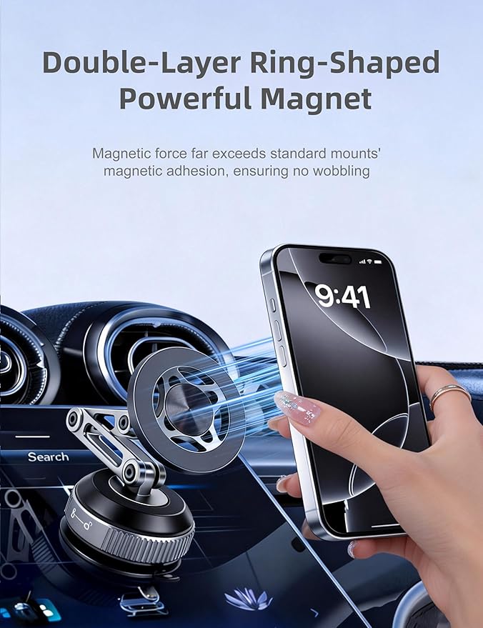 Zinc Alloy Car Phone Mount for Magsafe with N52 Magnet & Vacuum Suction, 360° Rotatable Magnetic Phone Holder for iPhone 17-12, Foldable Phone Stand for Car Windshield, Dashboard and Desk