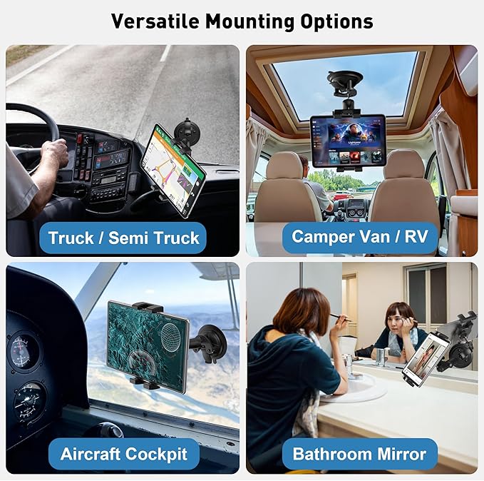 Heavy Duty Aluminum iPad Suction Mount for Truck Car, Anti-Shake Dashboard Windshield Tablet Holder, Thick Case Friendly, Fits 4.7-12.9" iPad Pro 12.9 Air Mini Samsung, 360° Rotation Off-Road Aviation