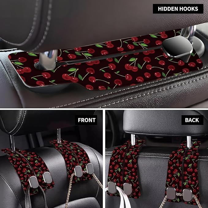 Car Seat Back Storage Headrest Hook, Premium Leather Double Metal Hook, Hanger Storage Organizer for Purse Cloth Bag, Car Interior Accessories Black Red Cherry