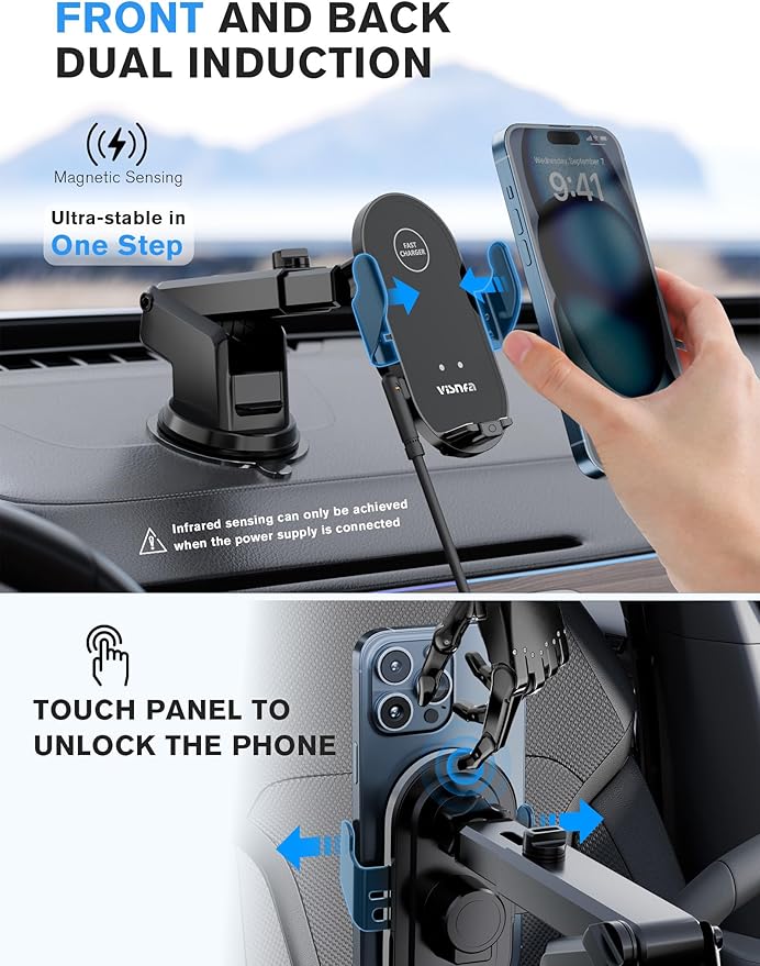 Wireless Car Charger, 15W Fast Charging Car Phone Holder Auto Clamping, Phone Mount for Car Dashboard Air Vent Windshield, for All iPhone Android (Black)