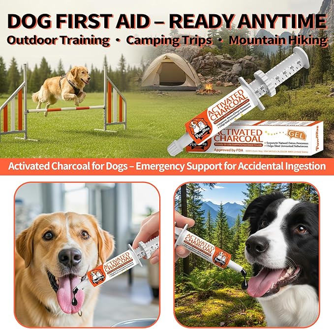 Activated Charcoal First Aid Kit -Emergency Support for Dogs, Cats & Puppies, Natural Charcoal Formula for Digestive Balance, Camping & Home Essential Oral Anti Diarrhea Digestive (60ml 2Tubes)