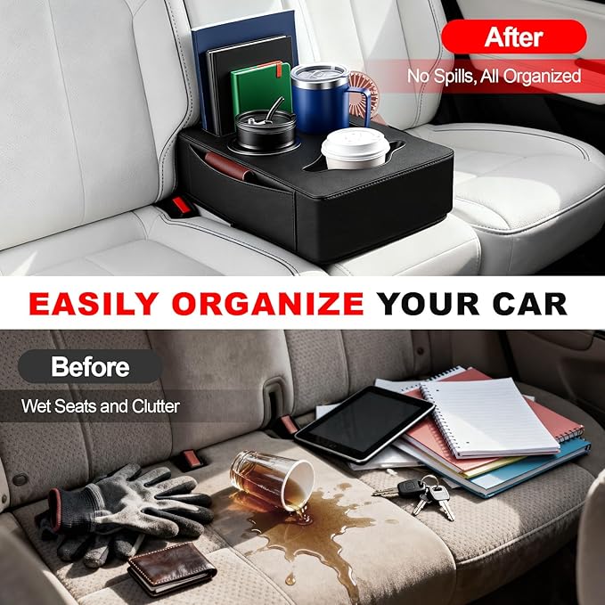 Car Back Seat Cup Holder, PU Leather Car Drink Holder, Couch Sofa Bed Expander Tray Cup Storage, Waterproof & Non-Slip Back Seat Organizer