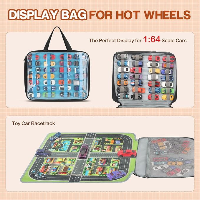 56 Slots Car Storage Case with Play Mat for Hot Wheels Garage & Matchbox Cars, 1/64 Scale Diecast Toy Car for Double-Sided Storage Carrying Bag, Portable Organizer for Hot Wheels Display Case