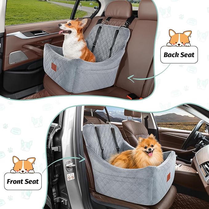 Lealchum Dog Car Seat for Medium Dogs Up to 40lbs,Fully Detachable and Washable,Easy to Install with Adjustable Straps,Anti-Slip Base Travel Car Bed for Pets,2 Side Pockets(Grey,Medium)