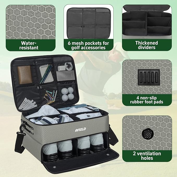 ANILD Golf Trunk Organizer, 2 Layer Golf Storage Case with Separate Ventilated Compartment for 2 Pair Shoes, for Balls, Tees, Clothes, Gloves, Accessories, Golfer Gifts