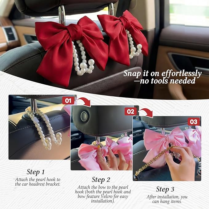 2PCS Satin Bow Pearl Car Seat Headrest Hooks – Car Bag Holder & Vehicle Hanger for Purses – Cute Coquette Aesthetic Interior Decoration – Cute Auto Organizer Accessories Universal (Red)