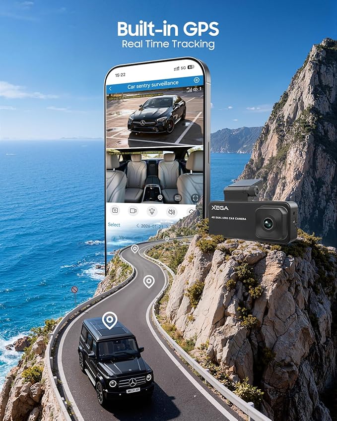 XEGA 2K 4G LTE Dash Cam Front and Inside, Remote Live-View Car Security Camera, No WiFi Needed, Anti-Theft Sentry Mode, Radar Parking Monitor, GPS Tracking, OBD Powered, Built-in SIM (Trial Included)