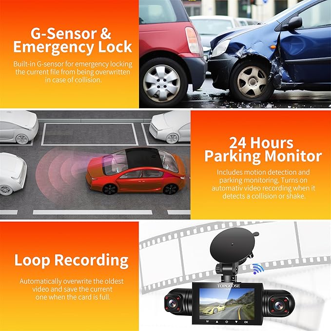 4 Channel Dash Cam 360° View, TOPGOOSE 2K Front and Rear Inside, Left Right Dash Camera for Cars, 8 IR Lamps Night Vision, 5G WiFi & APP Control, G-Sensor, Parking Mode, with a Free 64GB SD Card