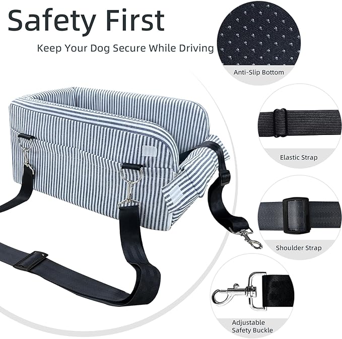 Dog Car Seats for Small Dogs, Puppy Car Seat Under 15 lbs, Small Dog Bed for Travel, Elevated Pet Seat with Safety Belt, Non-Slip Base, and Storage Pockets (Navy)