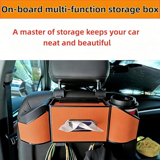 2026 Upgrade 4-in-1 Car Organizer Back Seat, Leather Multifunctional Car Organizer and Storage Box with Cup Holders for Hold Phone, Snacks, Drinks, Handbag, Keep Your Ride Clean & Organized (Orange)