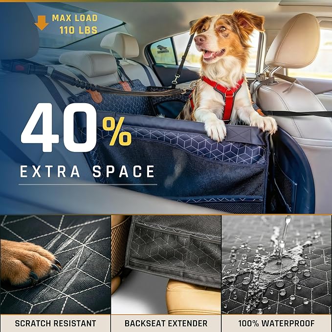 Dog Car Seat for Large Medium Dogs | Waterproof Dog Seat Cover for Back Seat with Hard Bottom | Alloy Twist-Lock Rods | 3 Mesh Windows | Removable Fleece Mat | Cars, SUVs, Trucks
