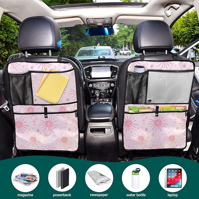 JIPONI Car Backseat Organizer, Pink Suns Automotive Back Seat Protector, Kick Mats with Storage Pockets for Kids Pets, Road Trip Accessories (2 Pack)