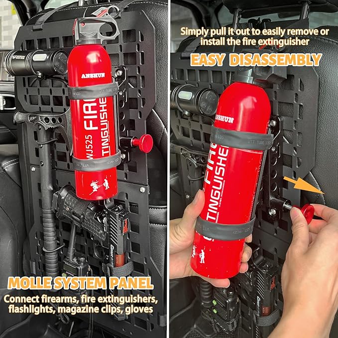 MAIKER Rigid Molle Panels For Vehicles Truck Mount Rack Tactical Seat Back Organizer with Fire Extinguisher Mout & Hook and Loop Fasteners & Elastic Rope for Storage Gears Accessories, Black