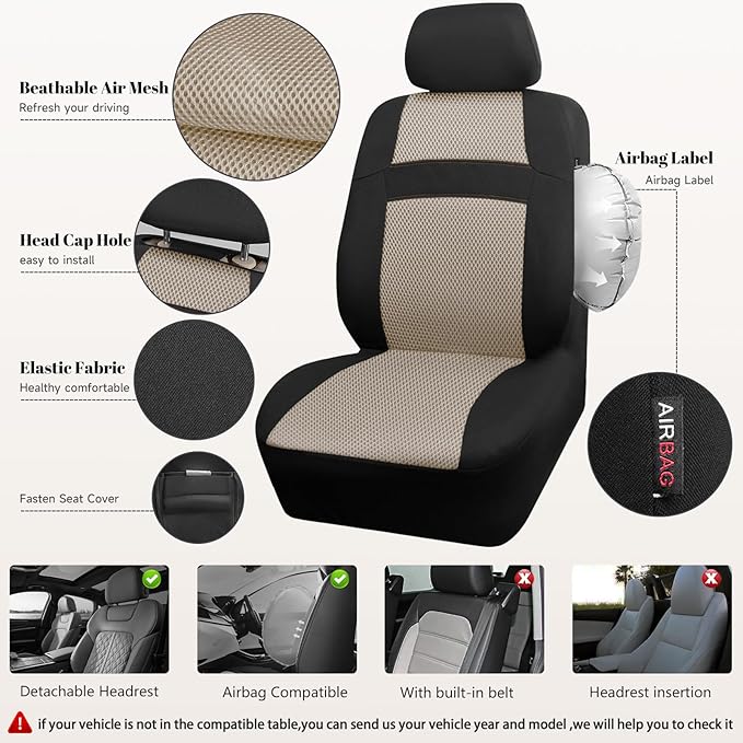 CAR PASS Car Seat Covers Front Seats Only, 3D Air Mesh Car Seat Cover with 5mm Composite Sponge Inside,Airbag Compatible Universal Fit SUV,Vans,sedans, Trucks, Automotive Interior Covers(Black Beige)