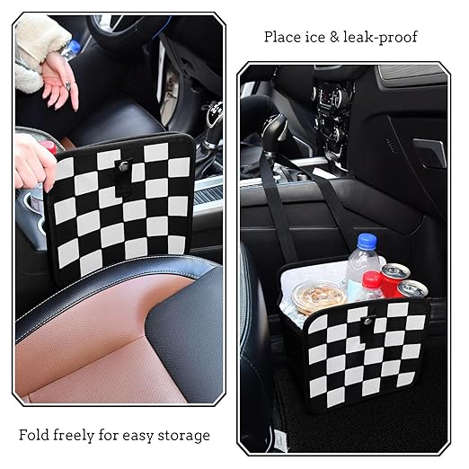 Car Trash Can Car Organizer Car Garbage Can with Adjustable Strap for Back Front Seat Console Waterproof Leakproof Collapsible Portable 11 Inch Checkerboard