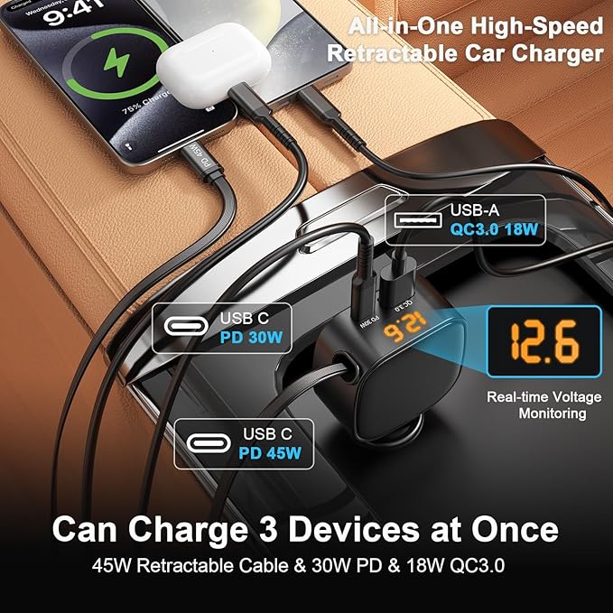 Retractable Car Charger USB C, 93W Fast Charging Car Charger Adapter with Voltage Display, [QC3.0 & PD 45W] 12-24V Cigarette Lighter USB Charger Adapter for iPhone 17 16 Galaxy iPad Android