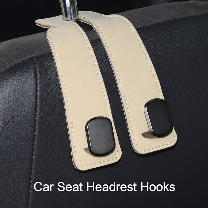 Purse and Bag Hook for Car, Zinc Alloy Seat Headrest Hooks, Upgraded Leather Car Seat Back Purses Hanger and Bags Holder (Beige, 2Pack)