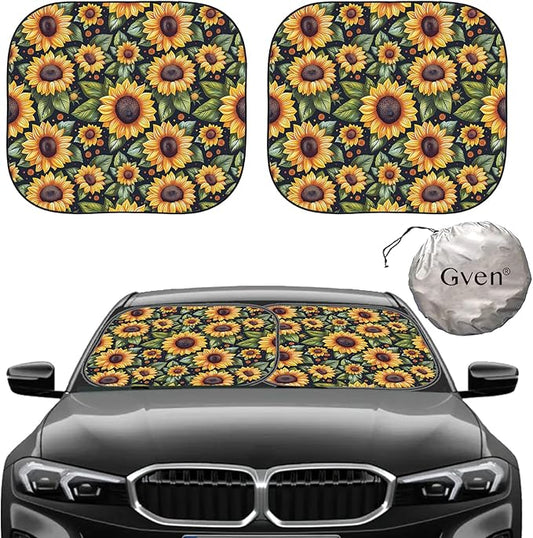 Gven Windshield Sun Shade 2pcs with Bonus Car Sunshade for Front Window Shades 2025 Technology Reflect UV and Heat Sun Visor Automotive Interior Sun Protection (Sunflower, M)