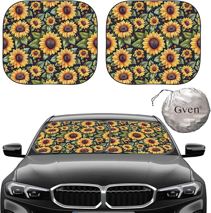 GVEN Windshield Sun Shade Car Sunshade Truck Accessories Large-Size Front Window Shades Windshield Cover Visor for Full-Size MPVs, Vans, Trucks, SUVs, Tesla (Sunflower, L)