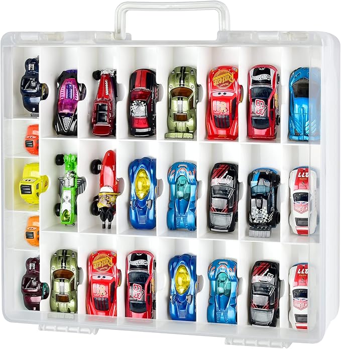 FULLCASE Toys Organizer Storage Compatible with Hot Wheels Car, Container for Matchbox Cars, Mini Toy, Small Dolls, Double Sided Carrying Box for Hotwheels - 48 Compartments (Case Only) White