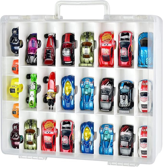FULLCASE Toys Organizer Storage Compatible with Hot Wheels Car, Container for Matchbox Cars, Mini Toy, Small Dolls, Double Sided Carrying Box for Hotwheels - 48 Compartments (Case Only) White