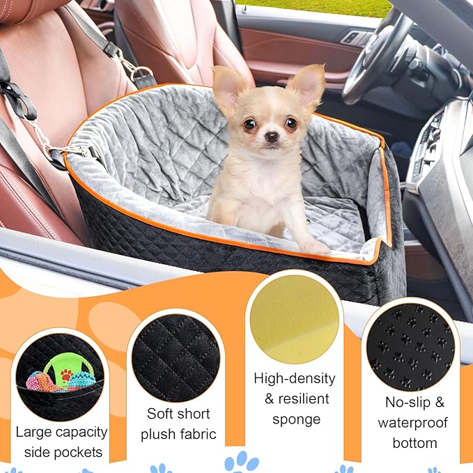 XIEEAOZEE Dog Car Seat for Small Dogs, Memory Foam Booster Dog Seat for Dogs up to 35 lbs, Elevated Pet Car Seat, Travel Safety Pet Seat with Washable Removable Cover, Storage Pockets (Red)