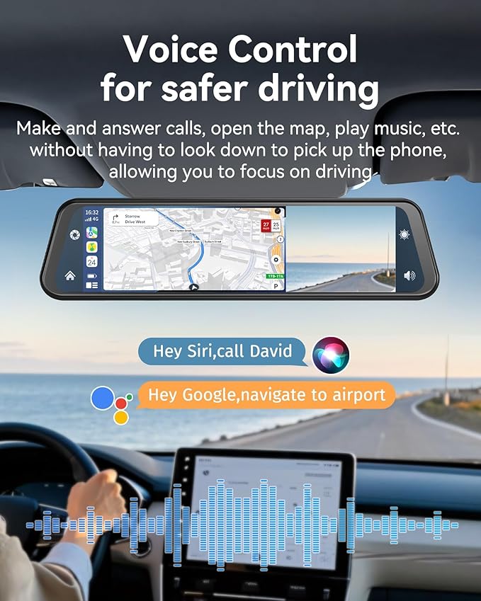 4K Rear View Mirror Camera with Carplay&Android Auto,12" Mirror Dash Cam Front and Rear with Voice Control for Cars&Trucks,Smart Touch Screen,64GB Card Included/Loop Record/Reverse Assist