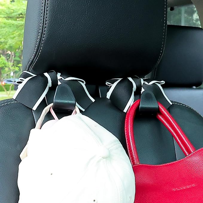 Amooca Car Seat Headrest Hook Cute Bowknot Vehicle Hanger Car Storage Organizer for Handbag Purse Coat Grocery Bag Black