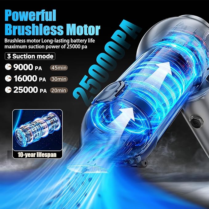 Handheld Car Vacuum Portable Cordless（Equipped with a one-touch window breaker and seatbelt cutter)25000Pa High-Power Suction Hand held Vacuum Cleaner & Air Duster for Car Cleaning (（silver gray）)