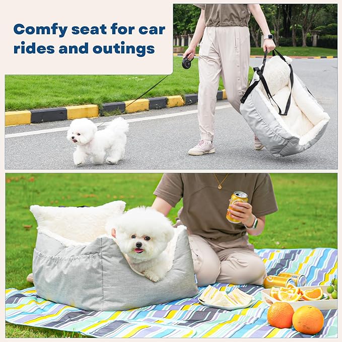 Milk and Soda Small Dog Car Seat Bed for Small Dogs Under 20 LBS with 2-Sided Pillow, Side Pockets, Clip on Leash, Machine Washable Cover, Pet Carseat Travel Carrier, Black, Small