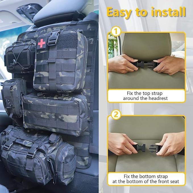 Tactical Car Seat Back Organizer Bag Tactical Molle Vehicle Organizers Panel Vehicle Protector Organizers with 5 Detachable Pouches for Car Truck Ford (Black camo)
