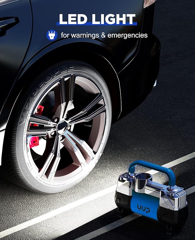UUP Tire Inflator Air Compressor, 150PSI 12V DC Double Cylinders Heavy Duty Portable Air Pump w/Emergency LED Light for Truck, SUV, Car, RV