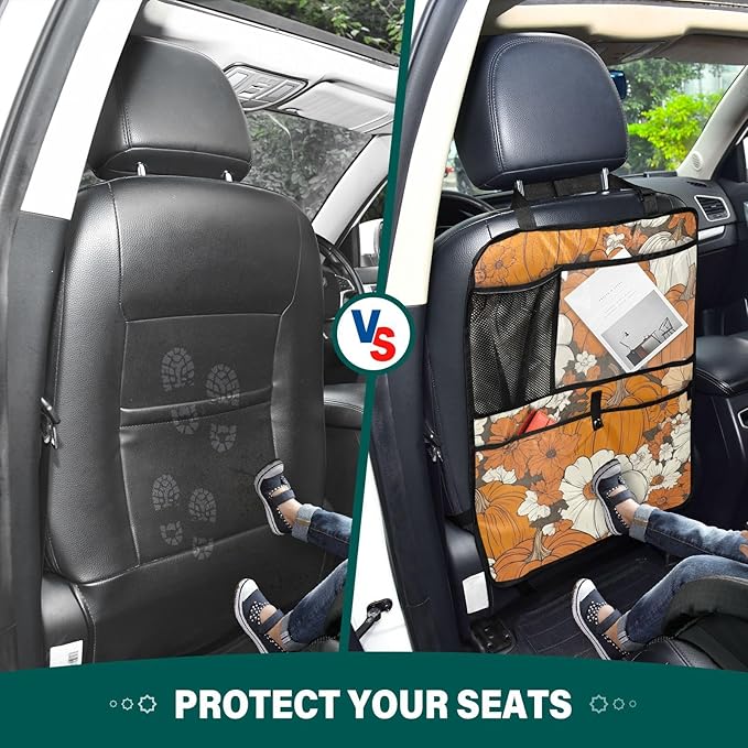 Thanksgiving Pumpkins Flowers Orange 1 Pack Backseat Car Organizer with Storage Pockets Seat Back Organizers for Kids Kick Mats Backseat Protector Automotive