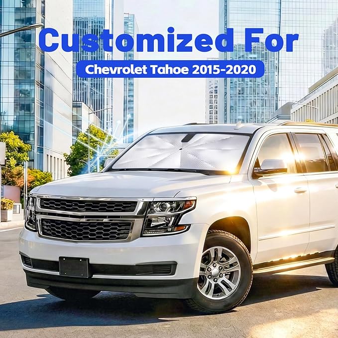 Car Windshield Sun Shade for Chevrolet Tahoe 2015-2020 –[Reflective Coated Fabric] Sunshade Umbrella for Front Window, Car Shades Sun Visor Keep Car Cool and Protects Interior, 1:1 Exact Fit