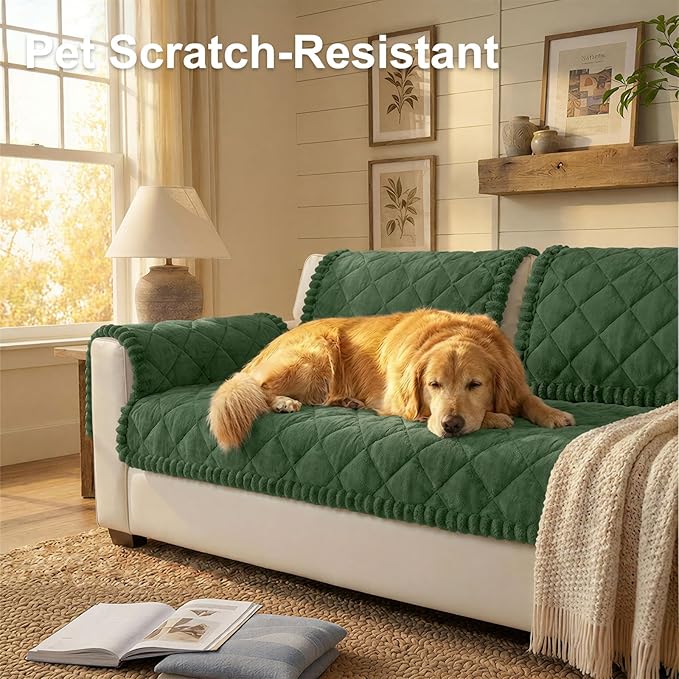 Smiry Fuzzy Couch Cover for Dogs, Non Slip Washable Pet Sofa Cover, Scratch Proof Hair Resistant Plush Sofa Slipcover, Pet Friendly Couch Cushion Protector for Cat, Green, 27.6" x 70.9"