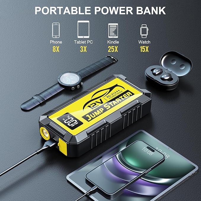 8000A Car Jump Starter, 12V Jump Starter Battery Pack (All Gas,up to 10.0L Diesel Engine) Jumper Cables Portable Lithium Jump Box, USB Output and LED Light