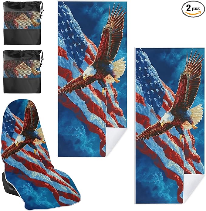 2 Pack Car Towel Seat Covers with Storage Bag, Multifunctional Towel for Gym Outdoor Sport, Picnic, Beach, Pet Dog Travel,Non-Slip Washable Car Seat Protector (Bald Eagle)