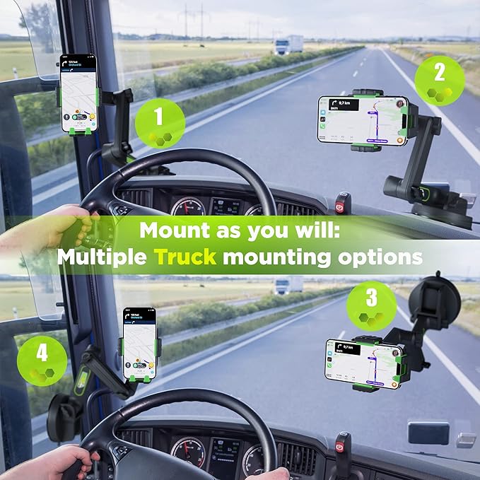 Cell Phone Mount for Truck Phone Holder for Truck Drivers - Heavy Duty Suction Cup + Dashboard Pad, iPhone Holder for Dashboard Window 16.9 inch Long, for iPhone & Samsung, Big Rig Trucker, Green