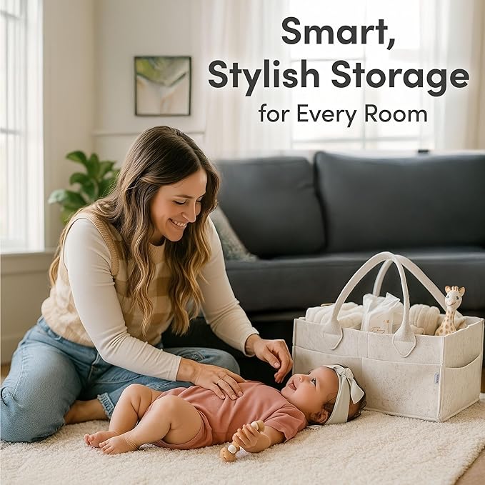 PUTSKA Baby Diaper Caddy Organizer - Nursery Storage Basket for Diaper Station, Baby Basket Shower List and Registry Gift Must-Haves, Newborn Essentials, Nursery Decor for Boy or Girl - White, Large
