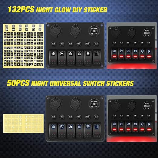 Nilight 6 Gang ON Off Rocker Switch Panel Red Backlit 12V 24V LED Digital Voltmeter 3.1A Dual USB Charger Cigarette Lighter Socket Overload Protection for Cars RVs Boats (90122F)