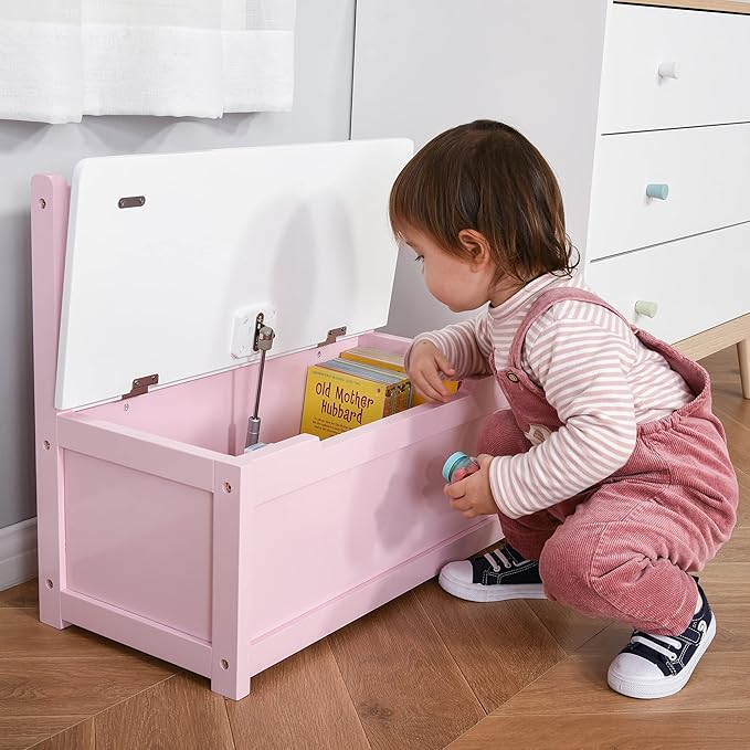 Qaba Toddler Toy Box Storage Bench with Large 27 Liter Interior, Kids Storage Bench Seat with Storage for Toddler Playroom Furniture, Kids Bedroom Furniture, Toy Organizer and Storage Bin Pink