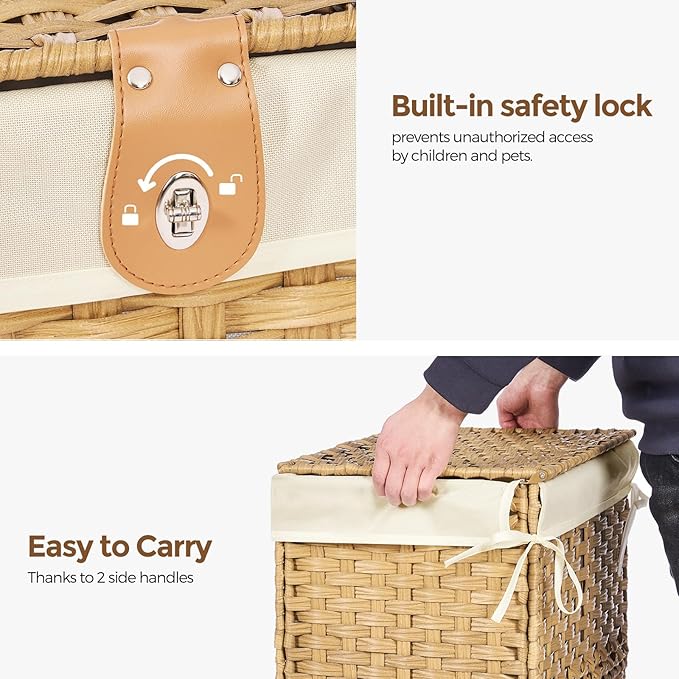 Honjourai Wicker Storage Basket with Lid,Rattan Shelf Basket with Removable Liner Bag,200L Storage Bin,Storage Trunk with Heightened Feet,Storage Container for Wardrobe,Home Organizer