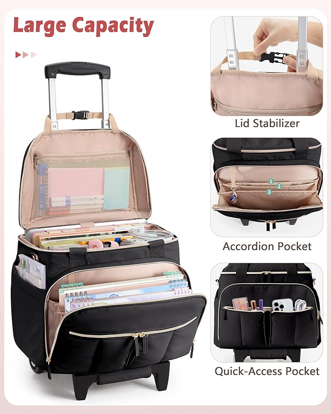 Marscamd Rolling Teacher Bag with Accordion File Organizer & 15.6" Laptop Compartment, Wheeled Work Briefcase Tote with Detachable Trolley & Crossbody Strap for Women, Black