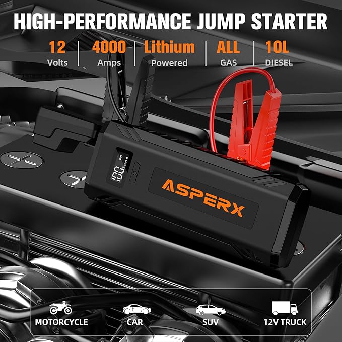 ASPERX Car Jump Starter, 4000A Peak Battery Starter for All Gas or 10.0L Diesel Engines, 12V Battery Starter, Jump Box with USBA, Lithium Battery Booster with Built-in LED Light