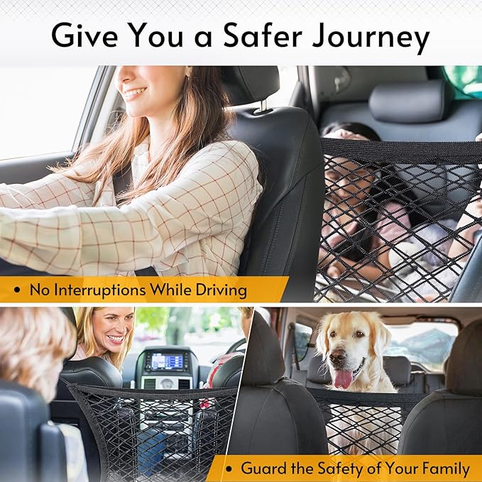 rabbitgoo Dog Car Net Barrier for SUVs, Pet Barrier with Metal Hooks & Stretchable Mesh, Car Divider & Storage Bag, Easy to Install, Drive Safely with Children & Pets, 13.98"×15.55"